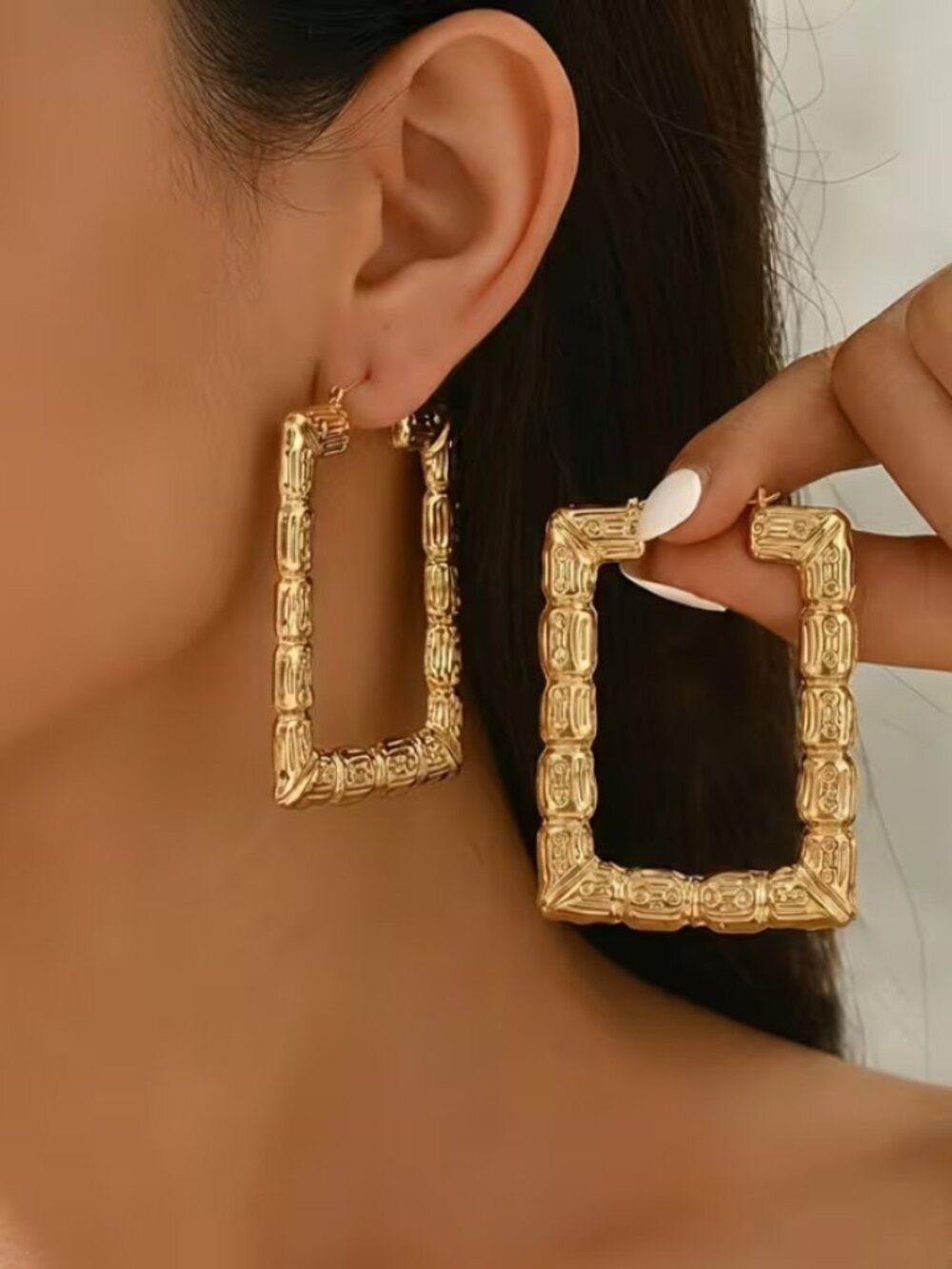 14K Gold Womens 4" Large Square Bamboo Hoop Earrings 14 K Silver Hoops Jewelry